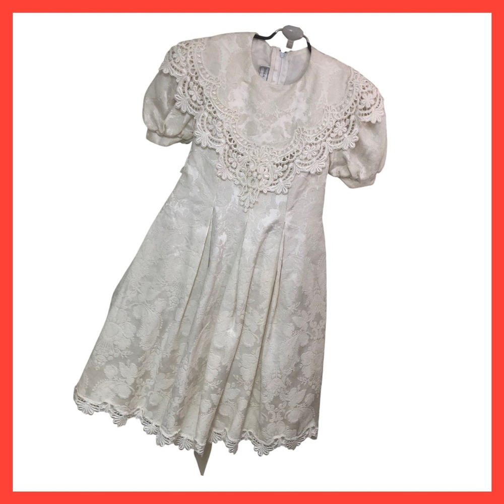 Jessica McClintock Girls 7 Ivory Lace Floral Brocade Formal Dress Vintage USA